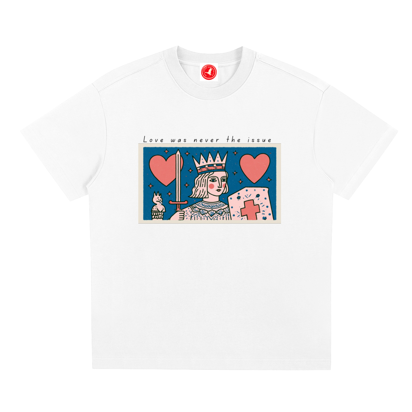 Love Was Never the Issue oversized Sorona® graphic t-shirt featuring vintage-inspired crowned figure artwork, hearts, and official collar tag.