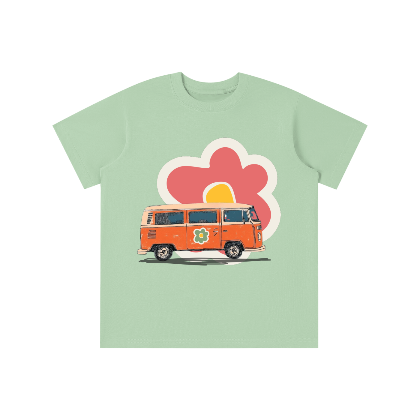 Retro Flower Van graphic t-shirt featuring vintage van and floral artwork inspired by road trips and retro culture.