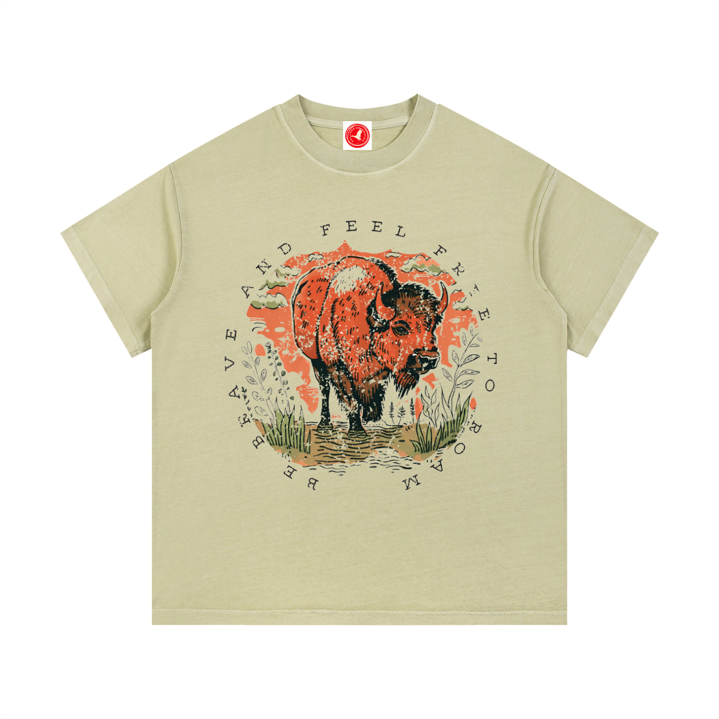 Beige Feel Free to Roam graphic t-shirt featuring buffalo artwork inspired by wildlife, exploration, and the American West.