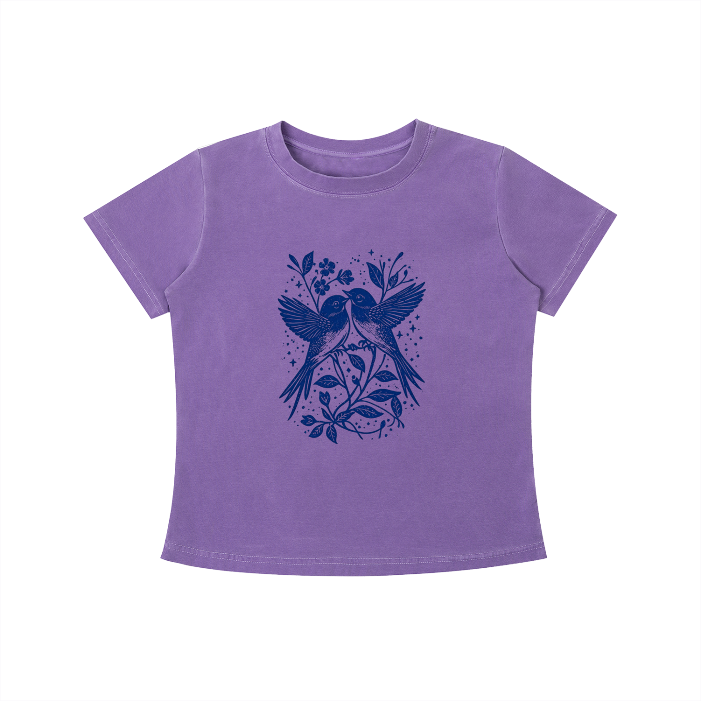 Purple Bluebird Garden Folk graphic t-shirt featuring bird and floral artwork inspired by folk art and botanical beauty.