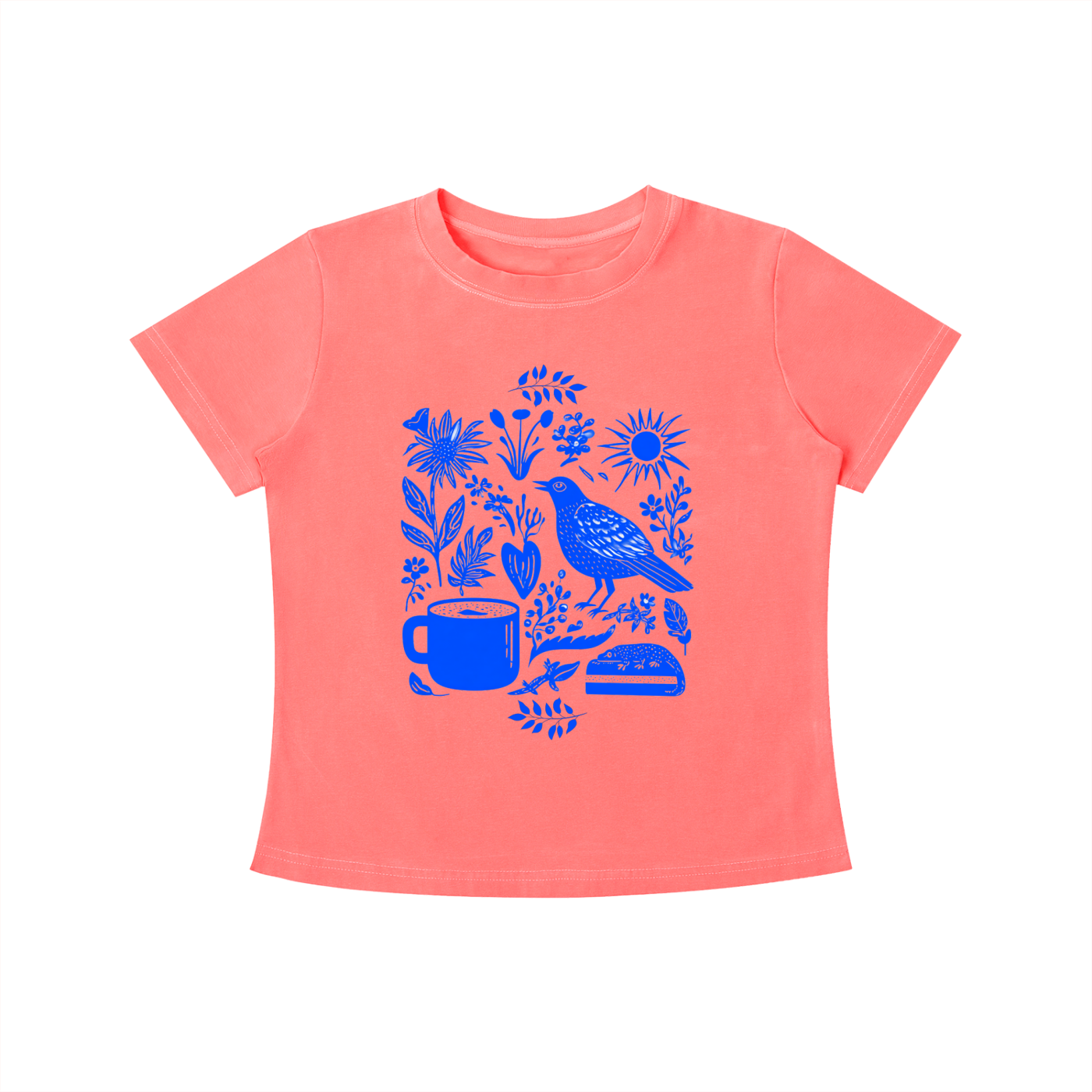 Coral Indigo Morning Garden graphic t-shirt featuring botanical artwork inspired by wildflowers, gardens, and natural beauty.