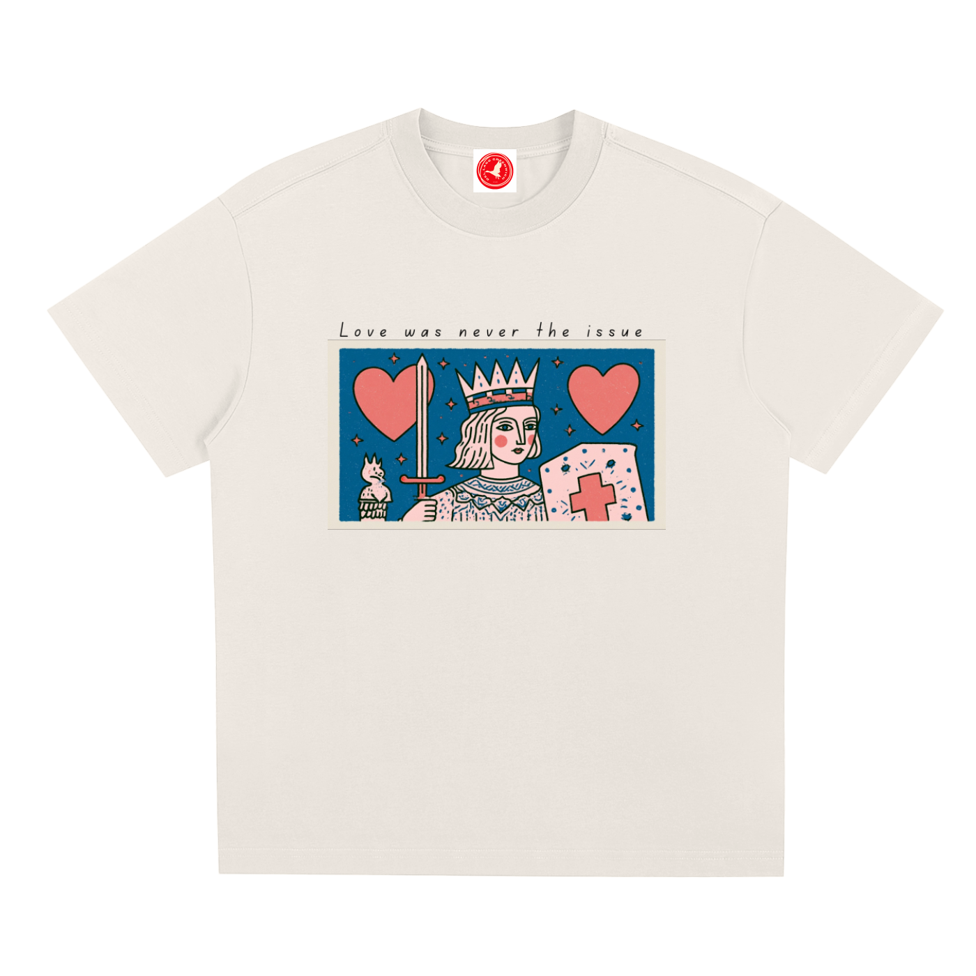 Love Was Never the Issue oversized Sorona® graphic t-shirt featuring vintage-inspired crowned figure artwork, hearts, and official collar tag.