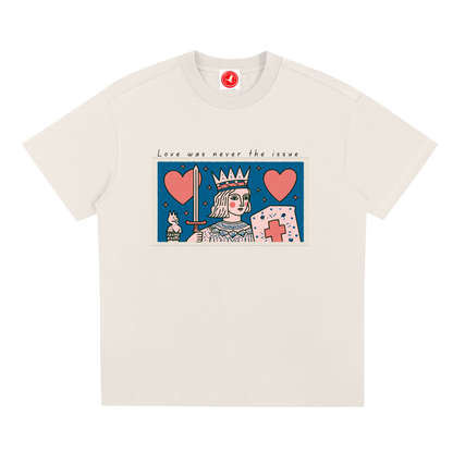 Love Was Never the Issue oversized Sorona® graphic t-shirt featuring vintage-inspired crowned figure artwork, hearts, and official collar tag.