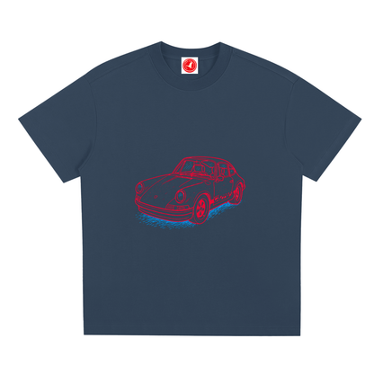 Silent Tactical oversized graphic t-shirt featuring a neon-inspired sports car illustration, available in multiple color options with a relaxed unisex fit.