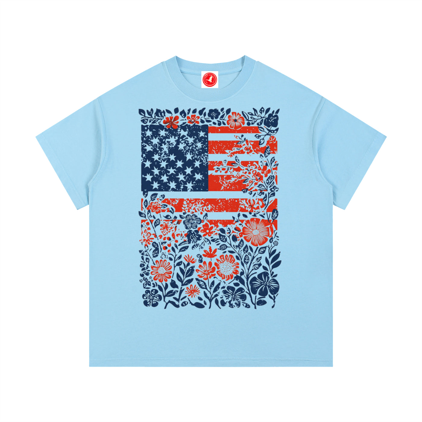Light blue Floral Americana Flag graphic t-shirt featuring patriotic artwork blended with floral design and American heritage.