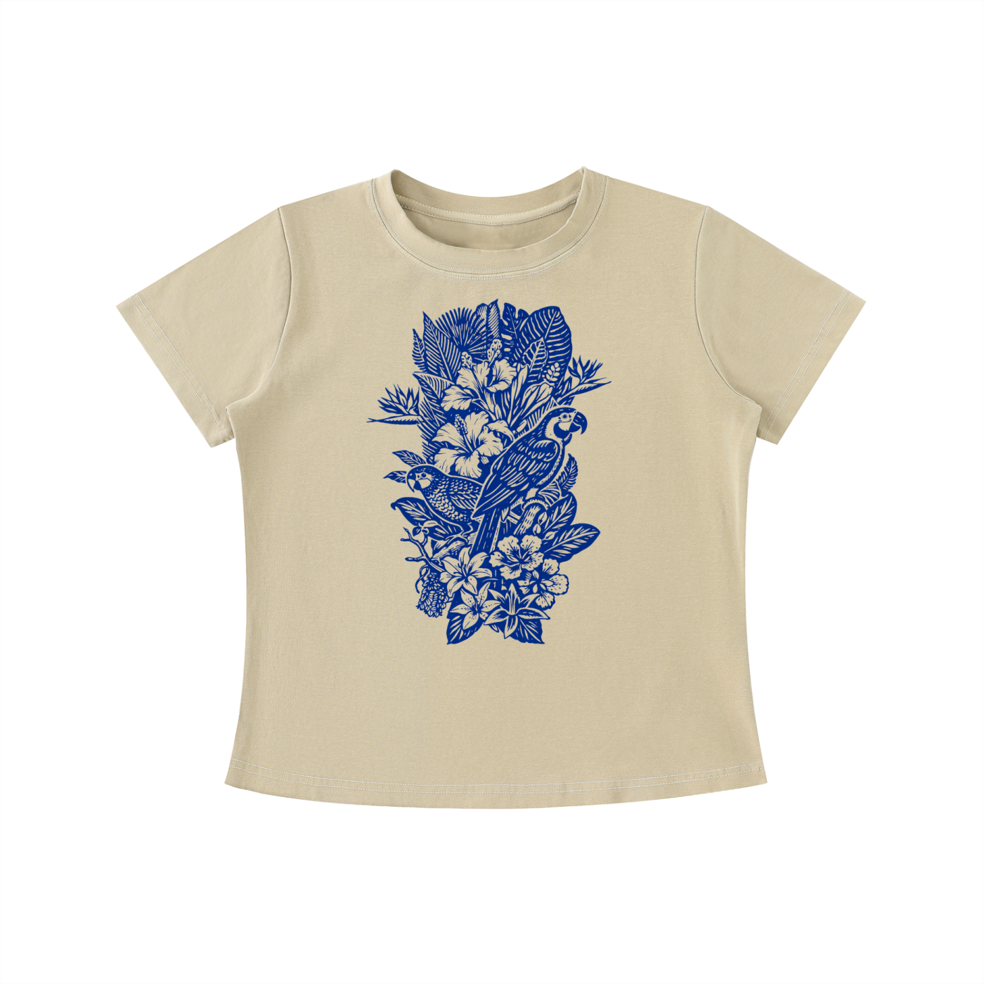Beige Indigo Aviary graphic t-shirt featuring botanical bird artwork inspired by nature and vintage illustration.