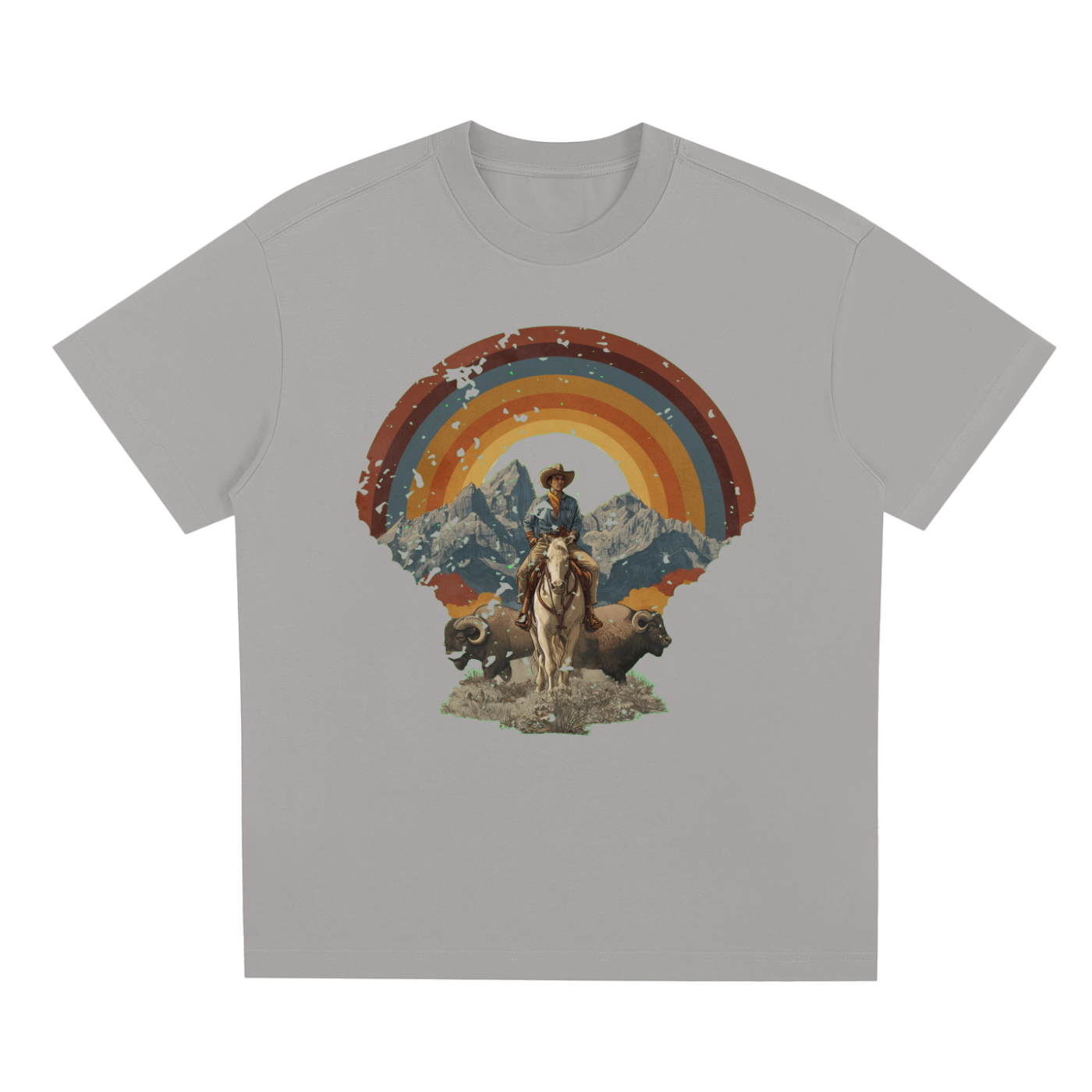 Gray  Wild West Sunset Rider graphic t-shirt featuring western sunset artwork inspired by horseback adventure and frontier landscapes.