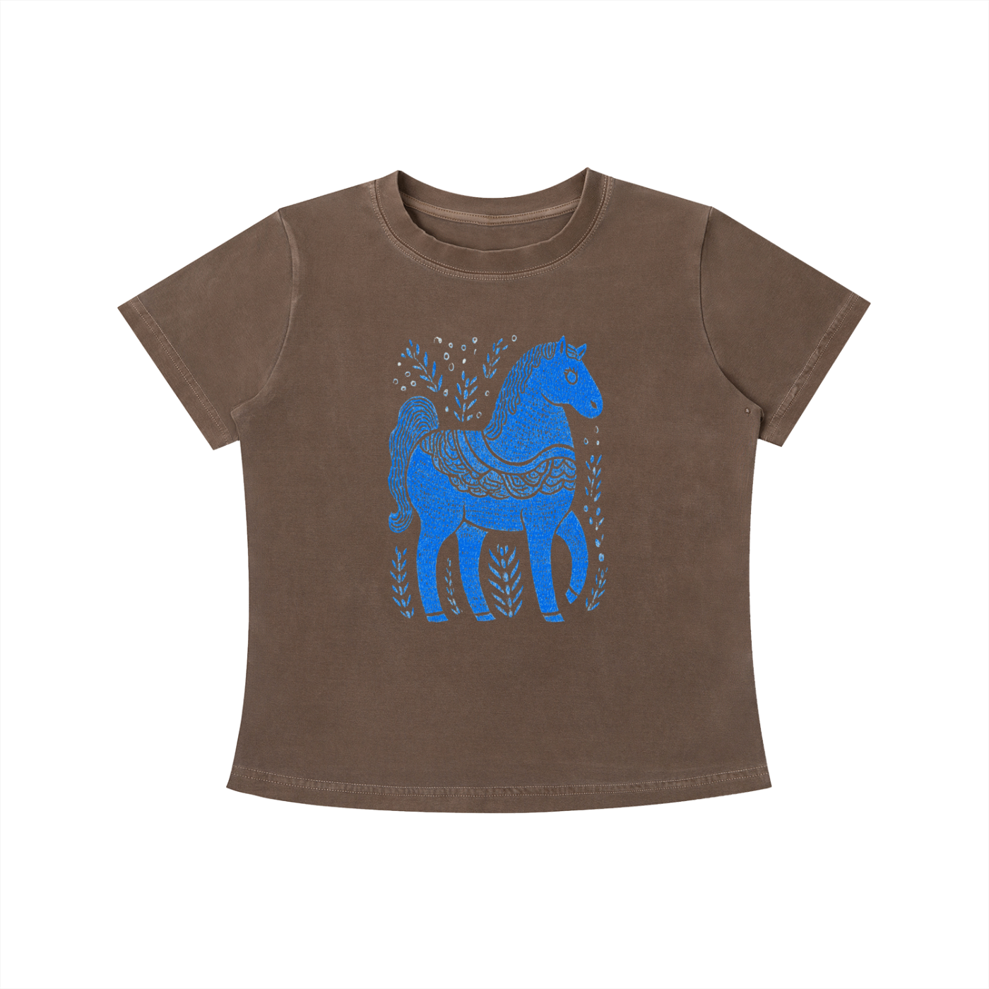 Brown Blue Folk Horse graphic t-shirt featuring folk art-inspired horse artwork celebrating creativity, tradition, and nature.