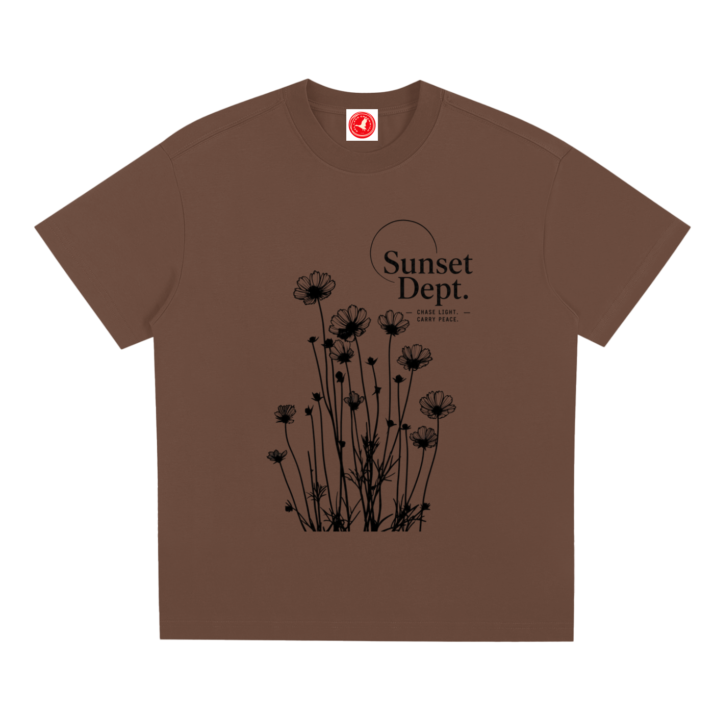 Brown Graphic t-shirt featuring sunset-inspired artwork celebrating relaxed coastal living and everyday adventure.
