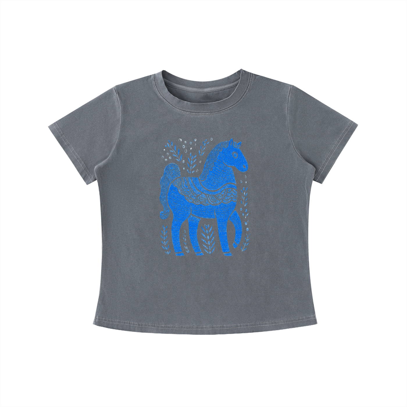 Gray Blue Folk Horse graphic t-shirt featuring folk art-inspired horse artwork celebrating creativity, tradition, and nature.
