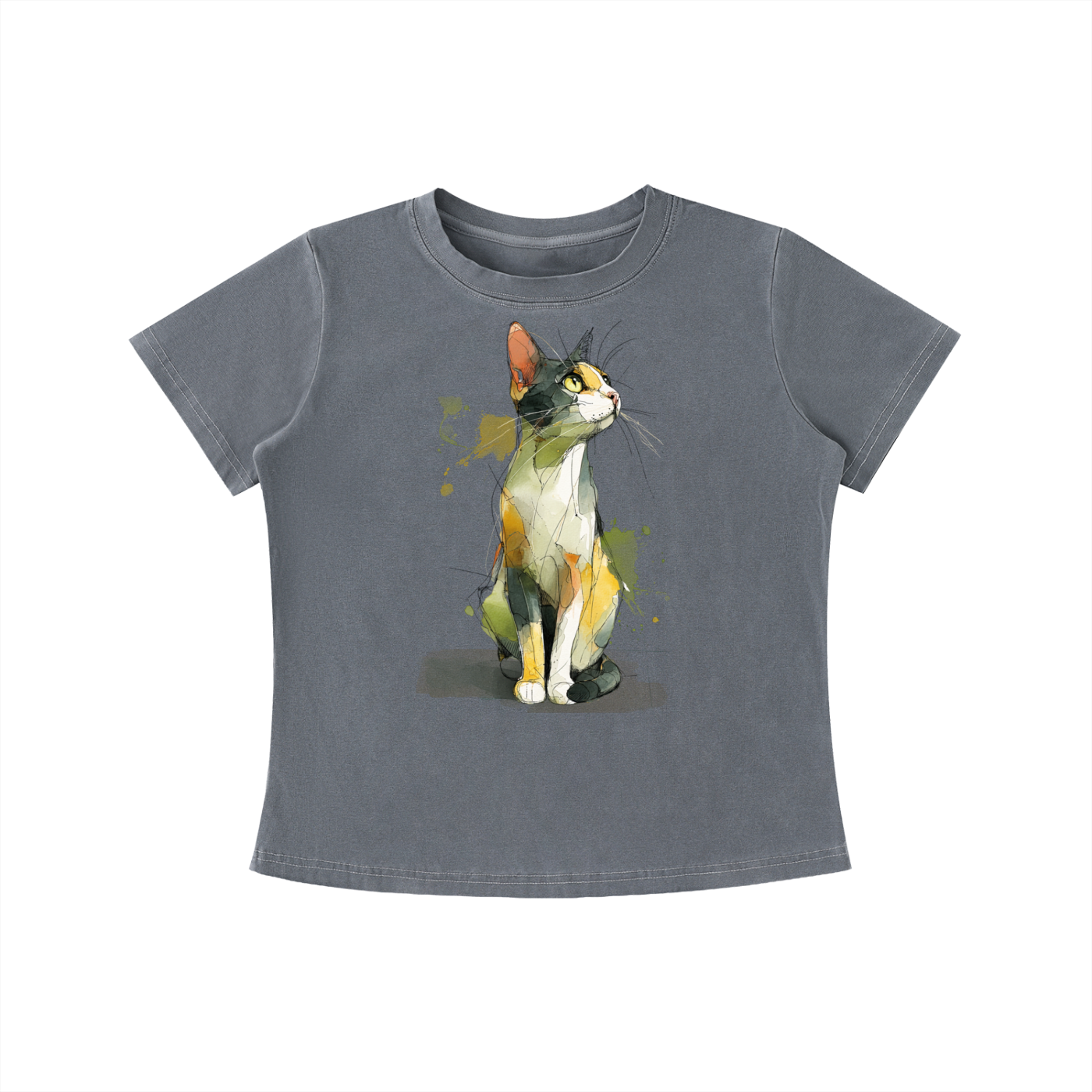 Gray Watercolor Cat graphic t-shirt featuring artistic cat artwork inspired by watercolor illustration and feline lovers.