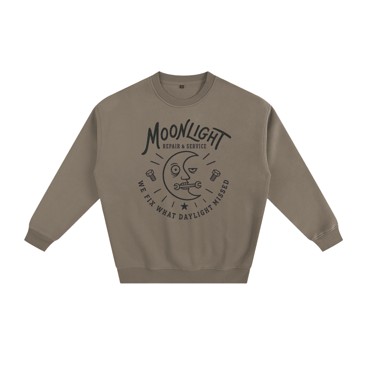 A taupe crewneck sweatshirt with a dark brown graphic on the front that reads 'SLOW MORNING COFFEE CLUB' with a snail and coffee cup illustration, shown on a plain white background.