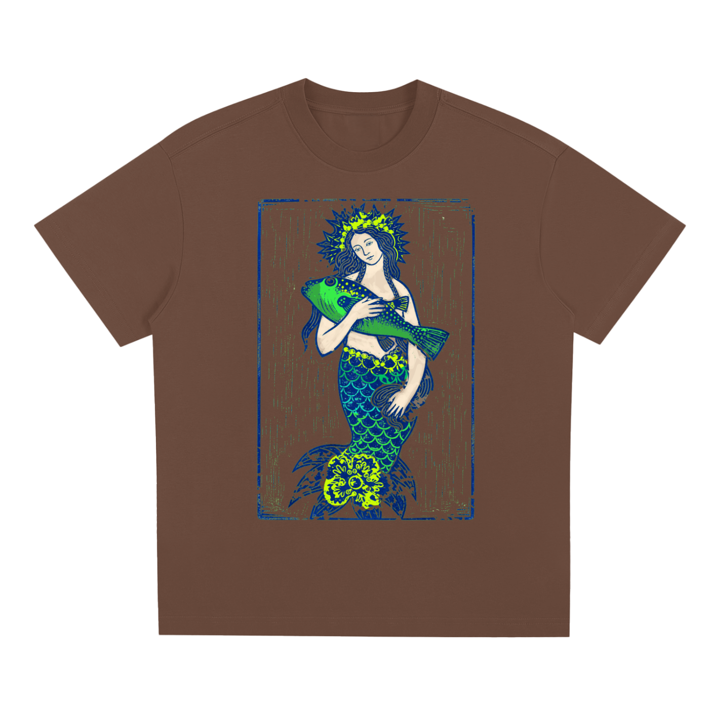 Brown Emerald Tide graphic t-shirt featuring ocean-inspired artwork influenced by coastal landscapes and natural beauty.