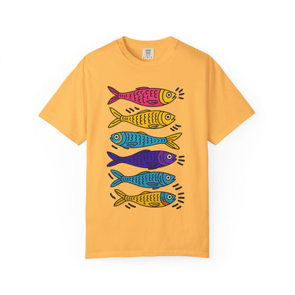 Yellow t-shirt with colorful fish design on a white background