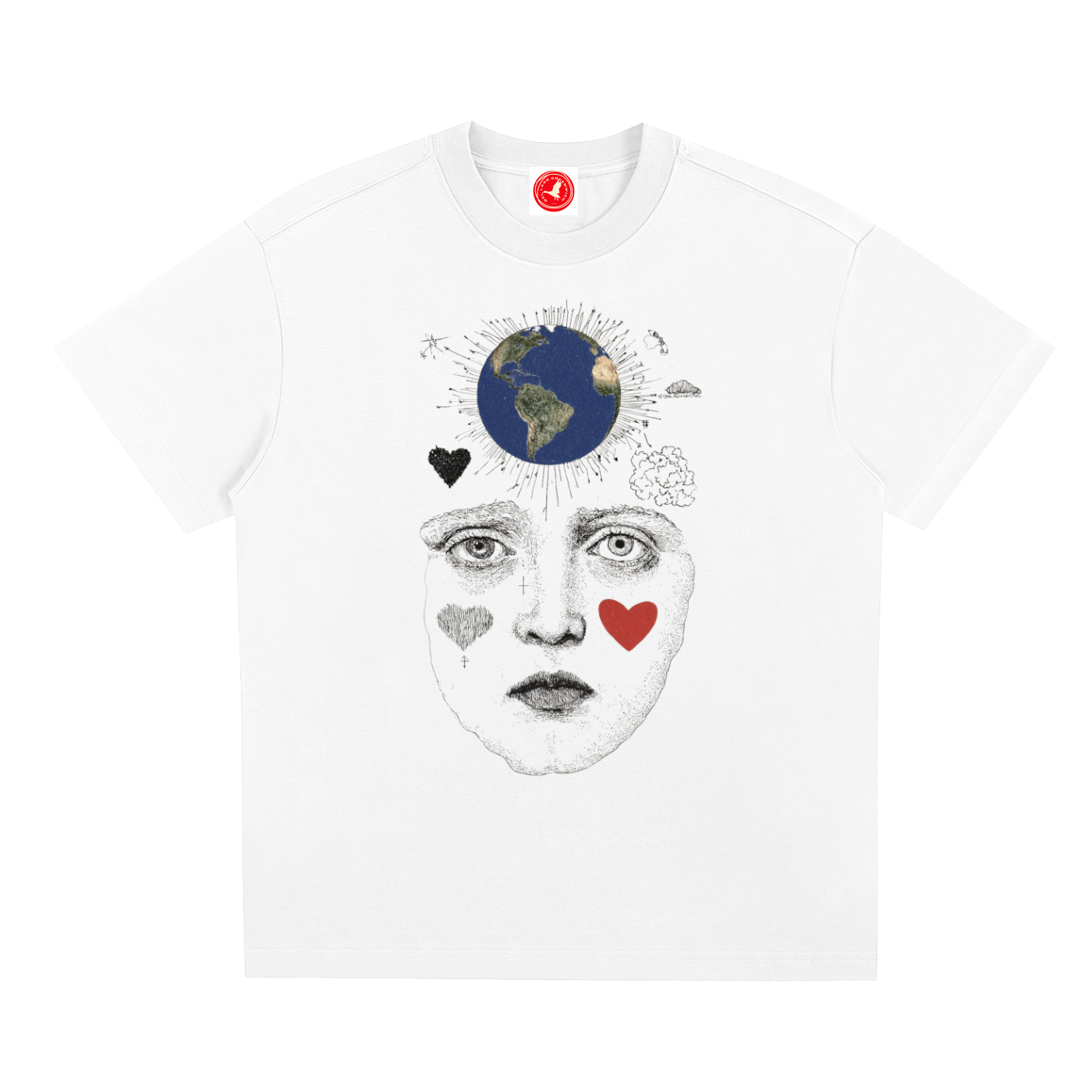 White t-shirt with a graphic design of a face with hearts and a world map on a white background
