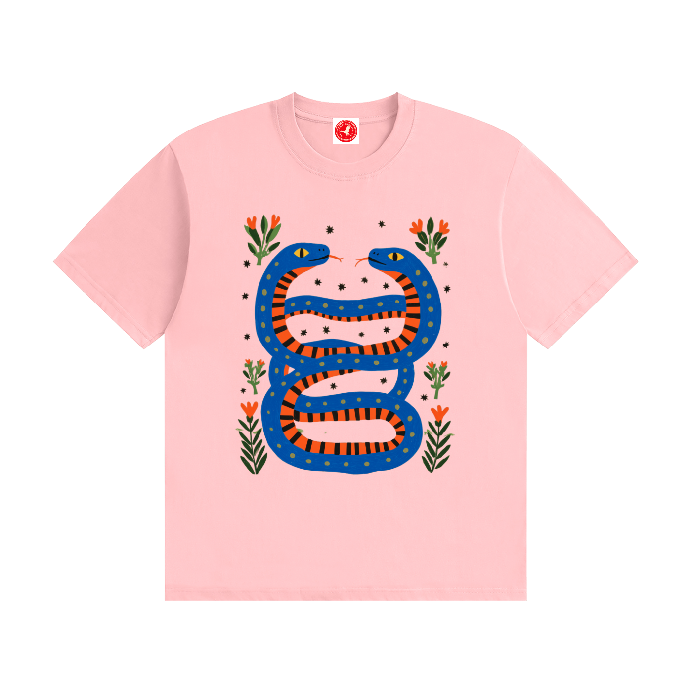 Twin Serpents boys graphic t-shirt featuring original blue and orange serpent artwork with floral accents. Soft cotton short-sleeve tee laid flat on a white background by Del Lago Greenwich.