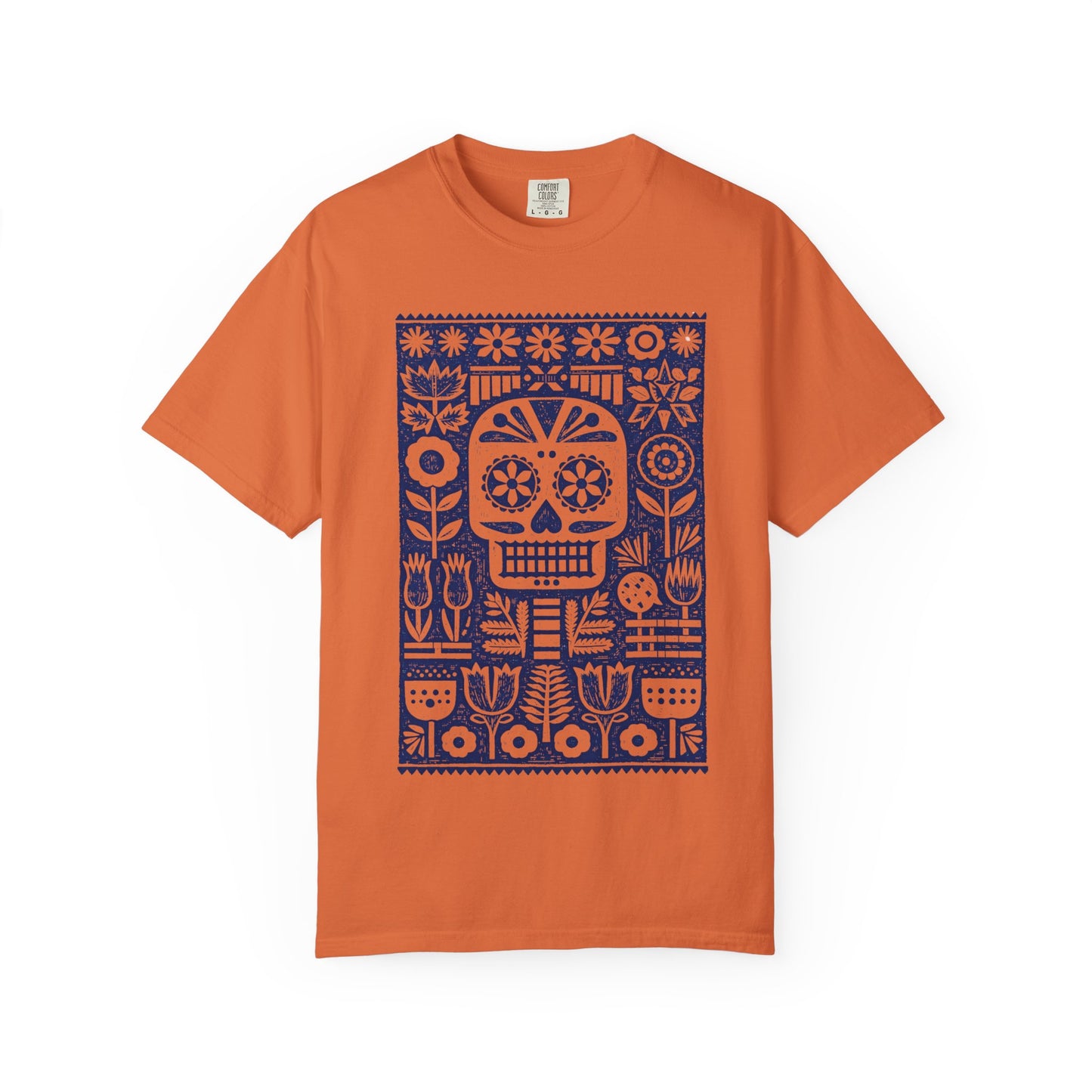 Orange t-shirt with a blue skull and floral pattern on a white background