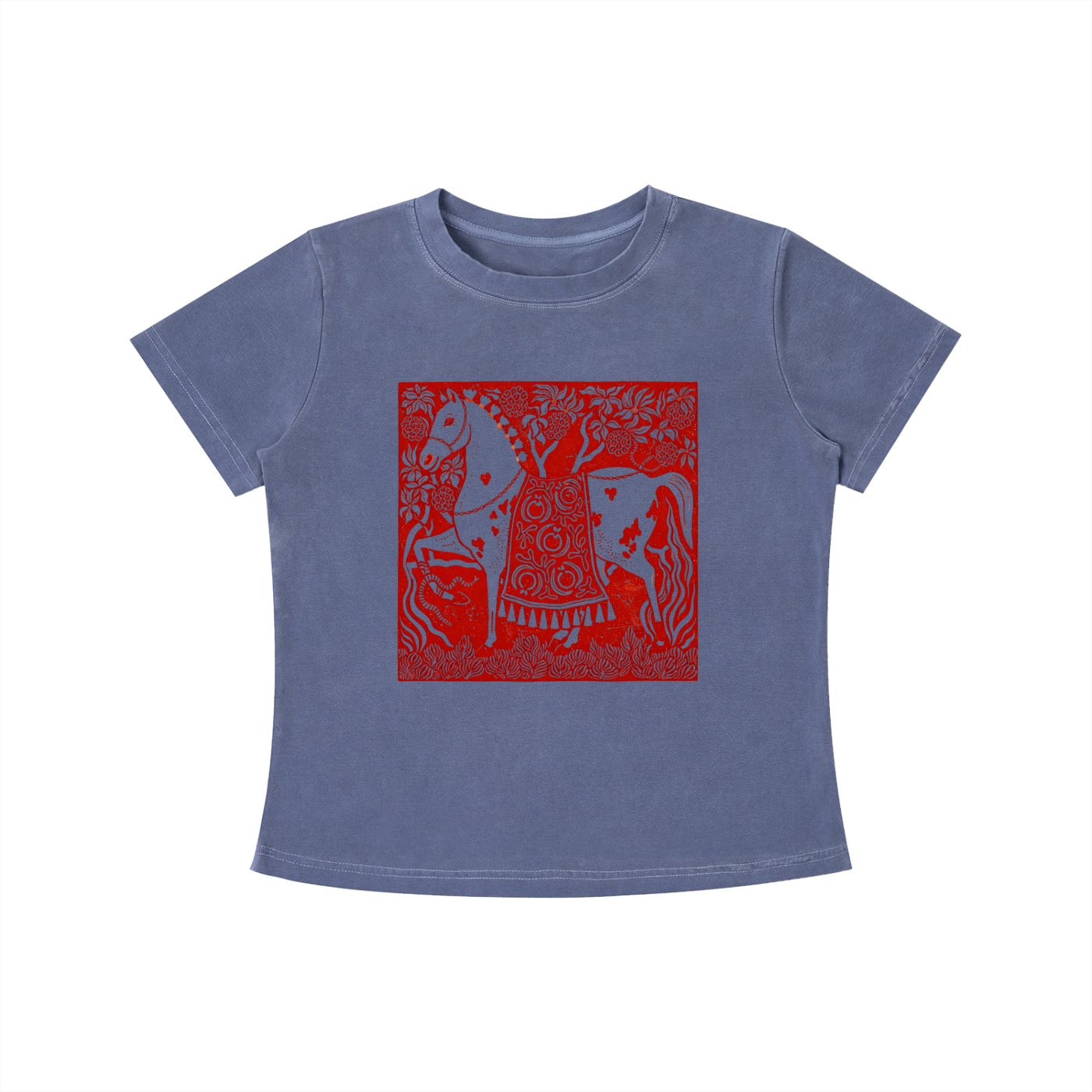 Blue Crimson Horse graphic t-shirt featuring folk art-inspired horse artwork celebrating tradition, creativity, and nature.