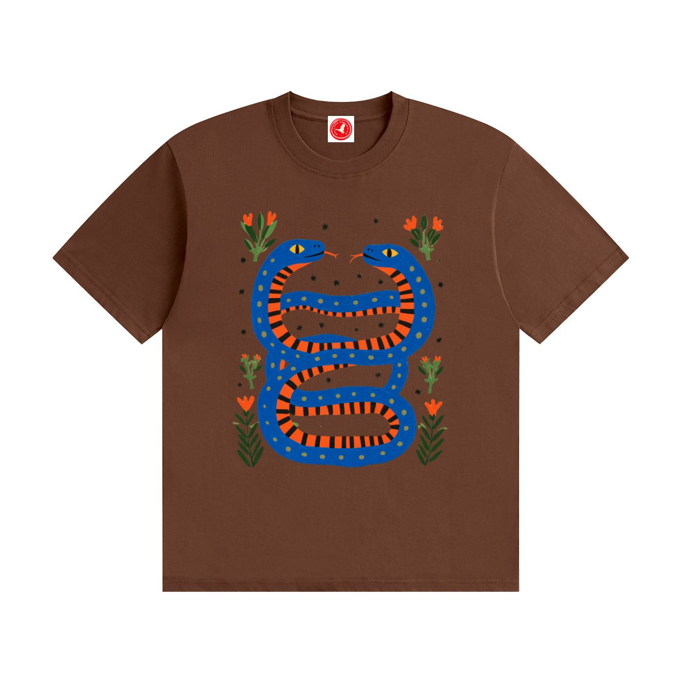 Twin Serpents boys graphic t-shirt featuring original blue and orange serpent artwork with floral accents. Soft cotton short-sleeve tee laid flat on a white background by Del Lago Greenwich.