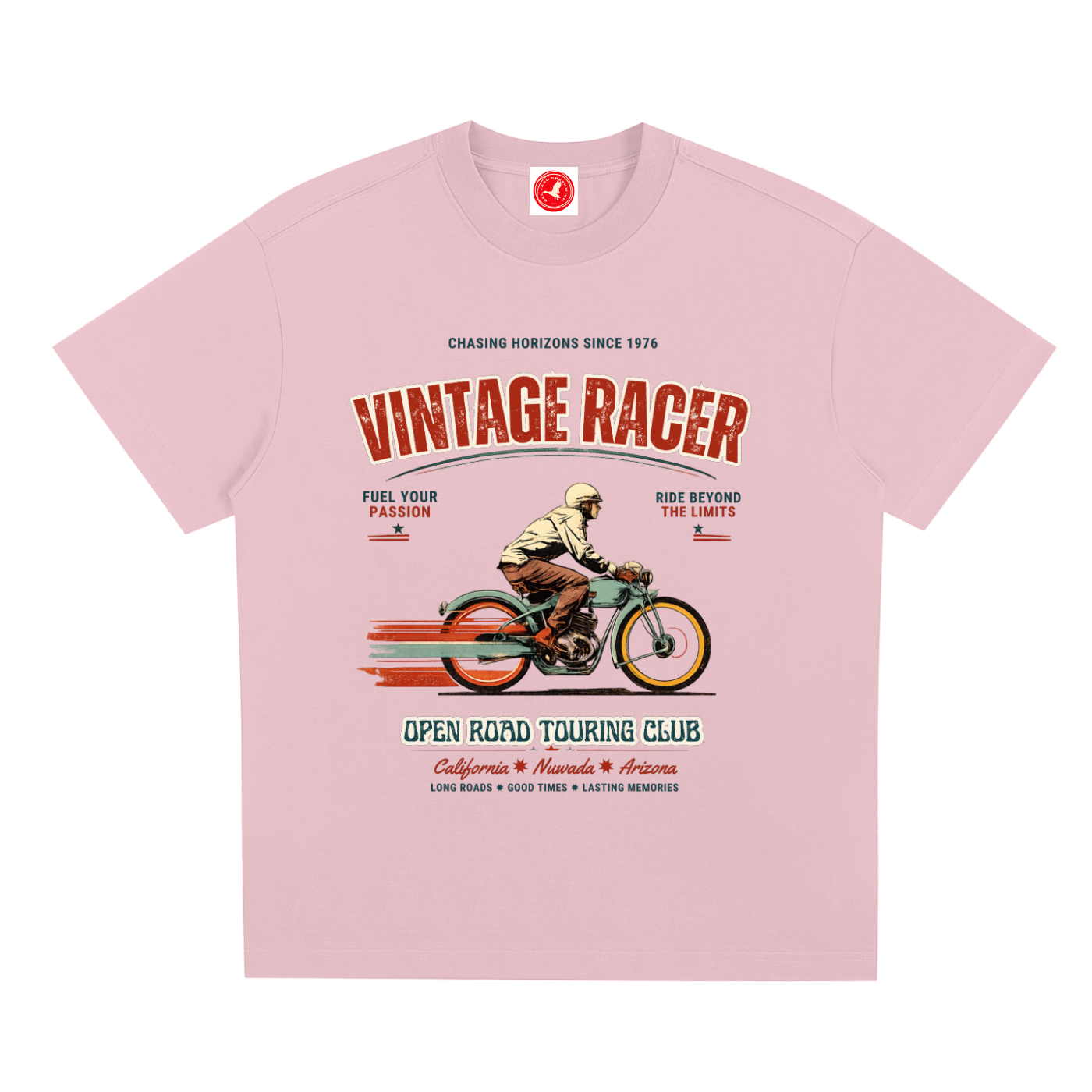 Pink Vintage racer graphic t-shirt featuring retro touring club artwork inspired by classic road trips and motorsport culture.