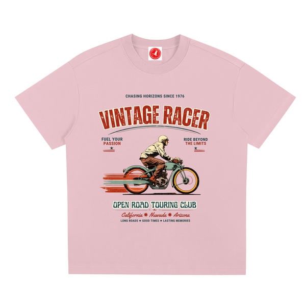 Pink Vintage racer graphic t-shirt featuring retro touring club artwork inspired by classic road trips and motorsport culture.
