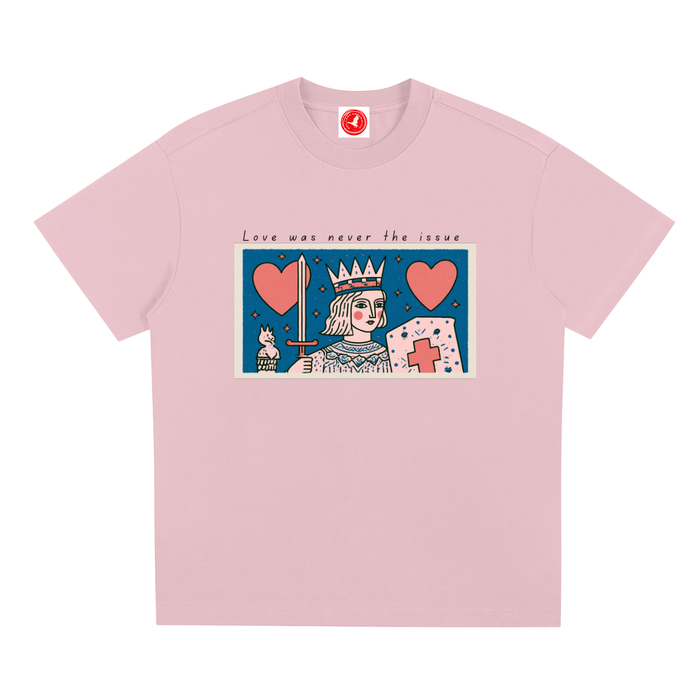 Love Was Never the Issue oversized Sorona® graphic t-shirt featuring vintage-inspired crowned figure artwork, hearts, and official collar tag.