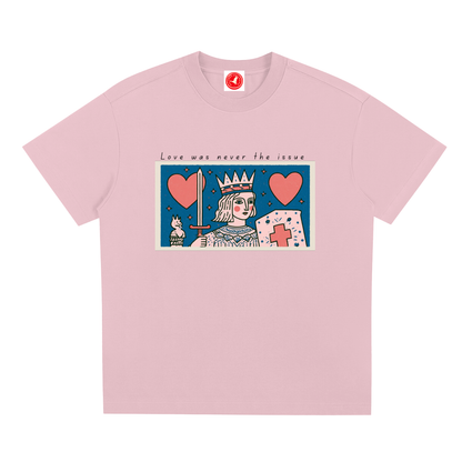 Love Was Never the Issue oversized Sorona® graphic t-shirt featuring vintage-inspired crowned figure artwork, hearts, and official collar tag.