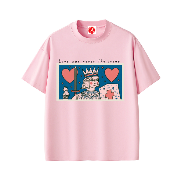 Love Was Never the Issue oversized Sorona® graphic t-shirt featuring vintage-inspired crowned figure artwork, hearts, and official collar tag.