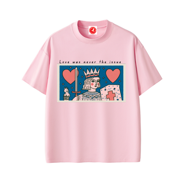 Love Was Never the Issue oversized Sorona® graphic t-shirt featuring vintage-inspired crowned figure artwork, hearts, and official collar tag.