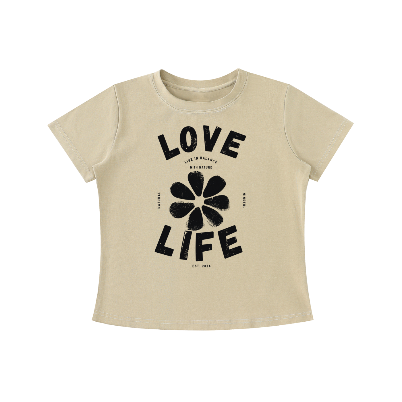 Beige Love Life women's graphic t-shirt featuring uplifting artwork inspired by positivity, creativity, and everyday happiness.