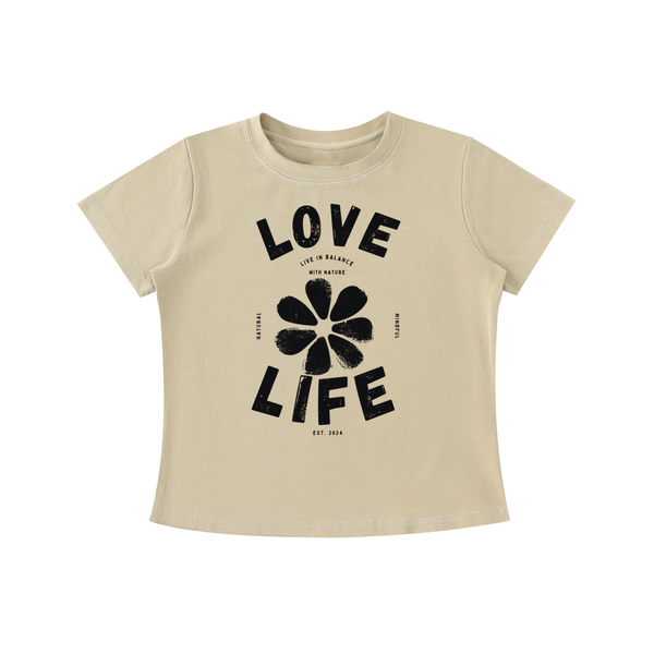 Beige Love Life women's graphic t-shirt featuring uplifting artwork inspired by positivity, creativity, and everyday happiness.