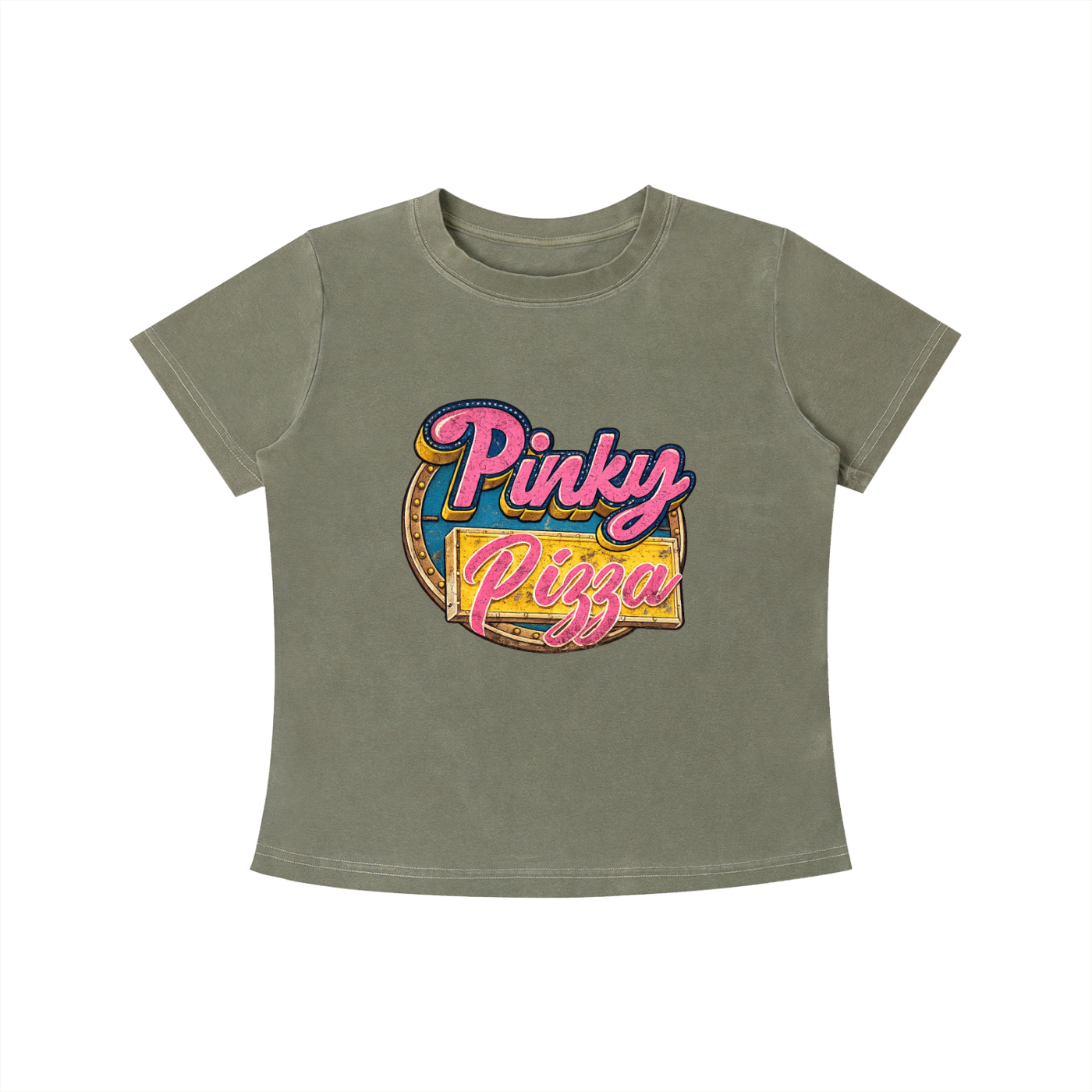 Pinky Pizza graphic tee featuring a colorful retro diner-inspired design.
