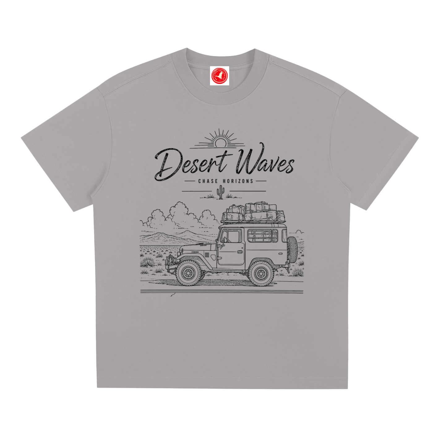 Gray Desert-inspired graphic t-shirt featuring artistic landscape artwork blending desert scenery with coastal influences.