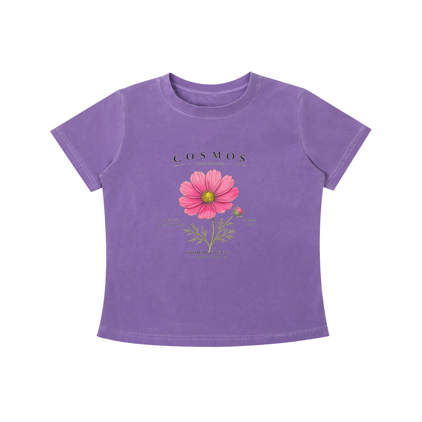 Purple Cosmos Bloom Freely graphic t-shirt featuring floral artwork inspired by wildflowers, growth, and natural beauty.