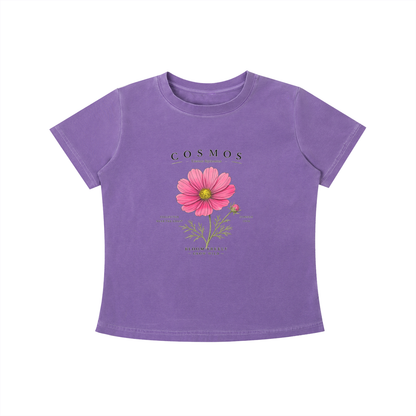 Purple t-shirt with a pink flower graphic and 'Cosmos' text on a white background