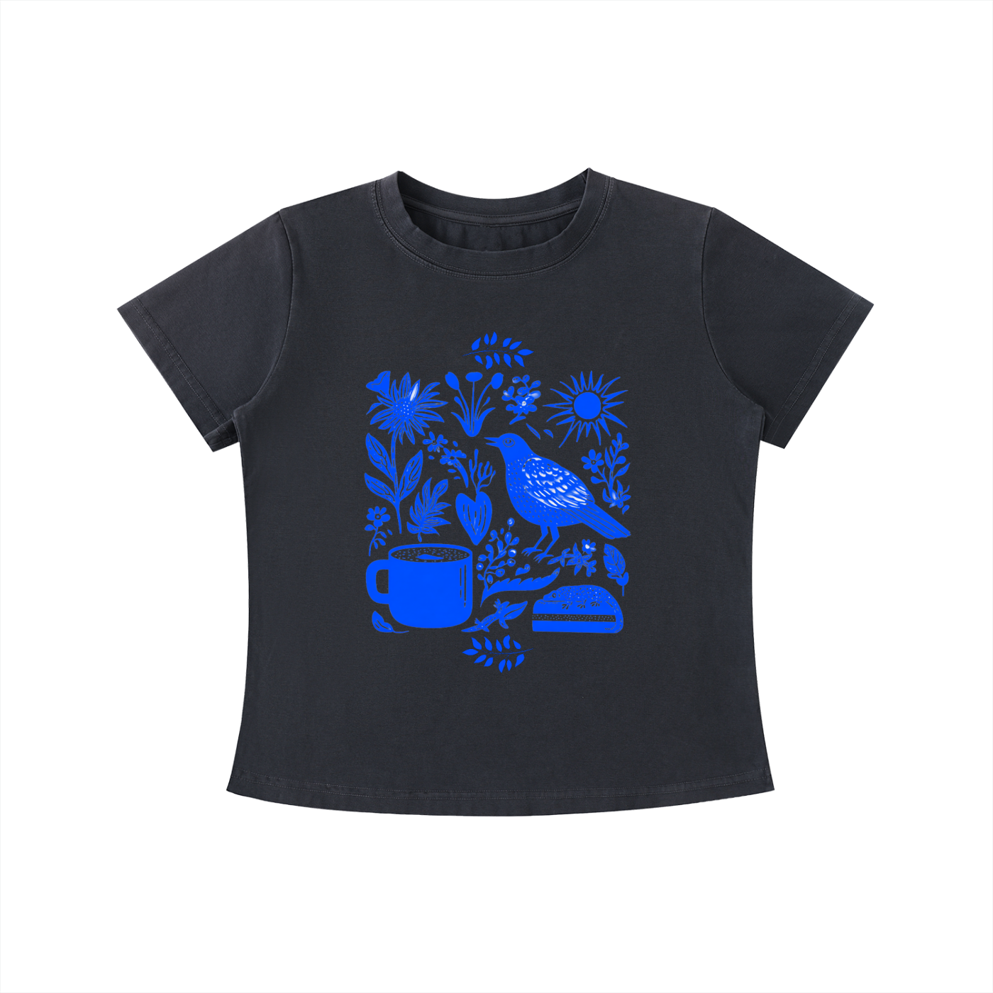 Black Indigo Morning Garden graphic t-shirt featuring botanical artwork inspired by wildflowers, gardens, and natural beauty.