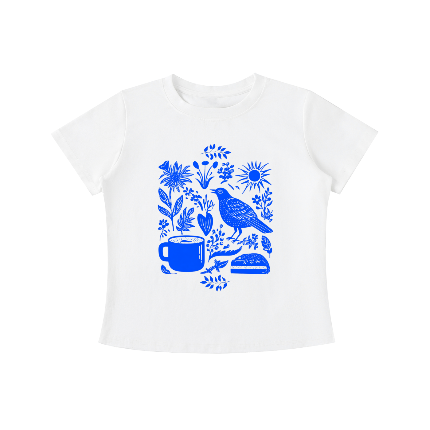 White Indigo Morning Garden graphic t-shirt featuring botanical artwork inspired by wildflowers, gardens, and natural beauty.