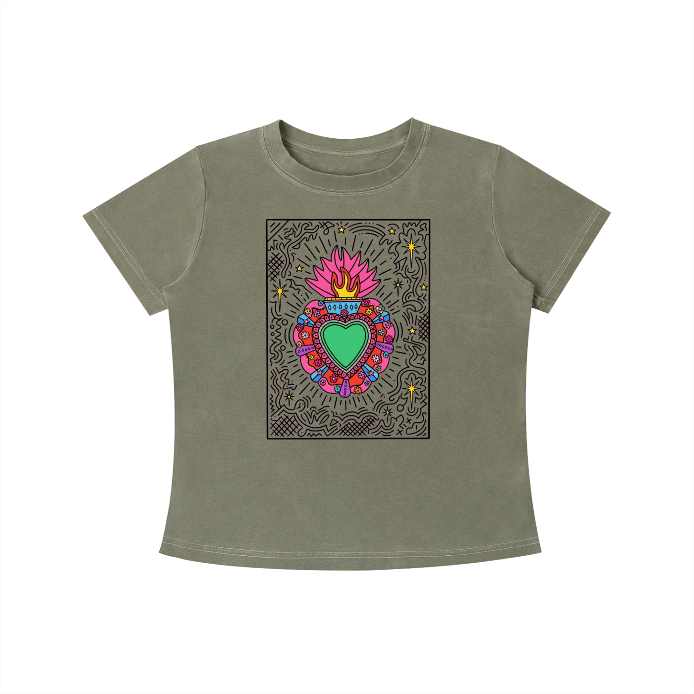 Green Sacred Heart graphic t-shirt featuring folk art-inspired heart artwork celebrating tradition, creativity, and cultural expression.