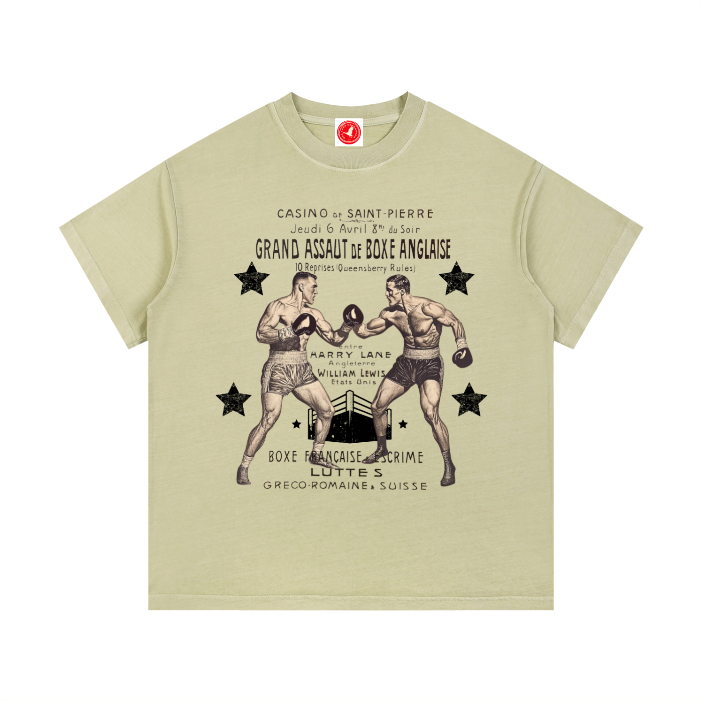 Beige t-shirt with vintage boxing graphic and text on a white background