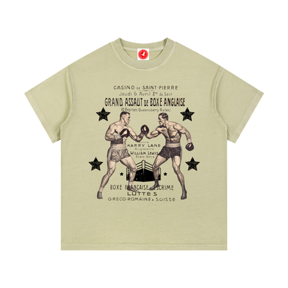 Beige t-shirt with vintage boxing graphic and text on a white background