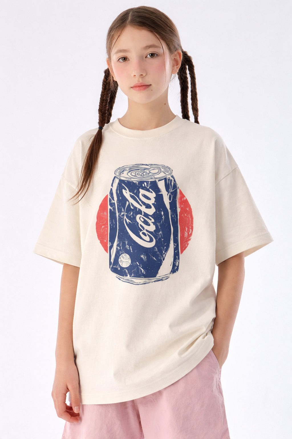 Young model wearing the Vintage Cola Can graphic t-shirt in a skate park setting inspired by retro Americana and vintage soda artwork.
