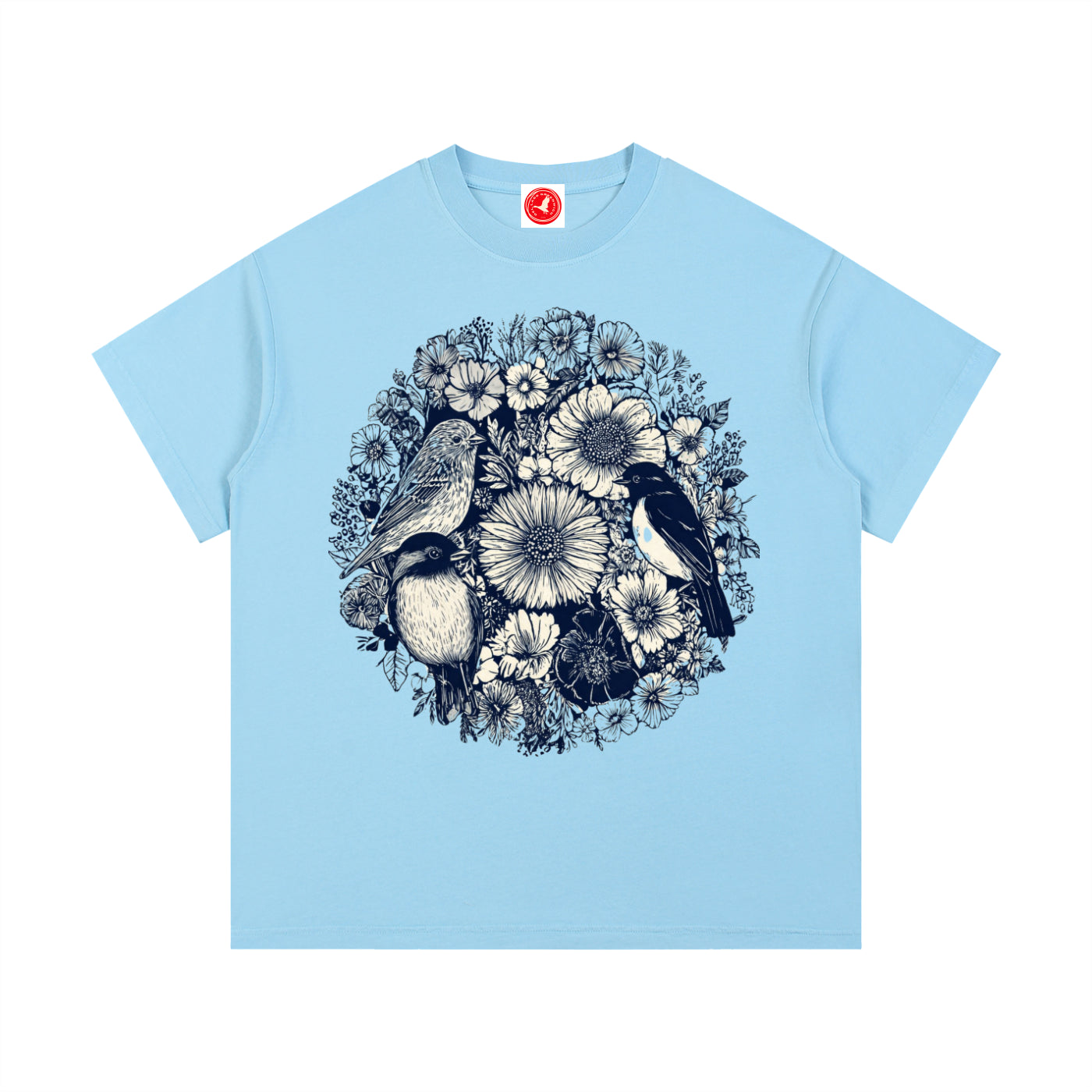 Light blue Floral Birds Circle graphic t-shirt featuring botanical bird artwork arranged in a decorative floral design.