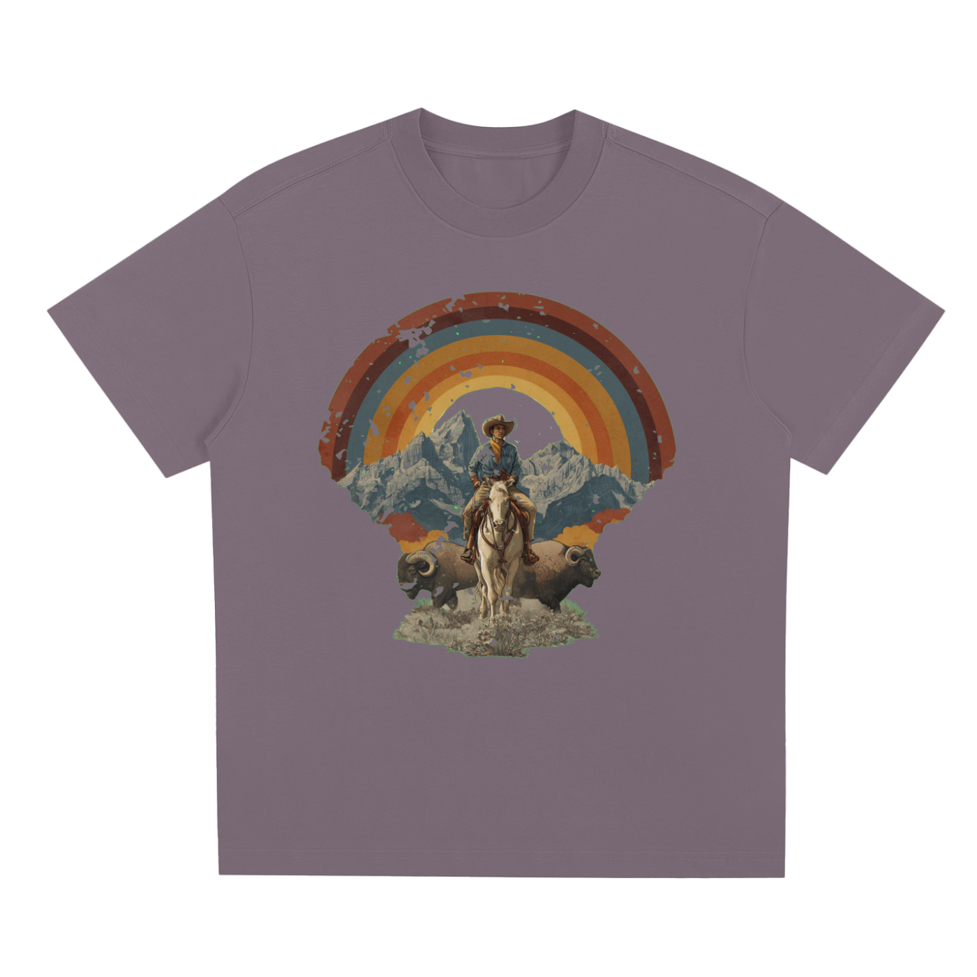 Purple  Wild West Sunset Rider graphic t-shirt featuring western sunset artwork inspired by horseback adventure and frontier landscapes.