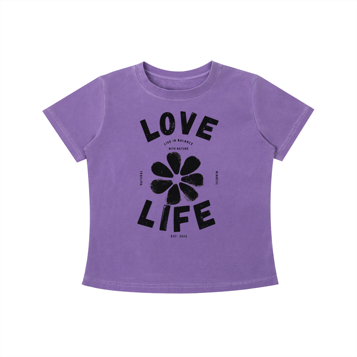 Purple Love Life women's graphic t-shirt featuring uplifting artwork inspired by positivity, creativity, and everyday happiness.