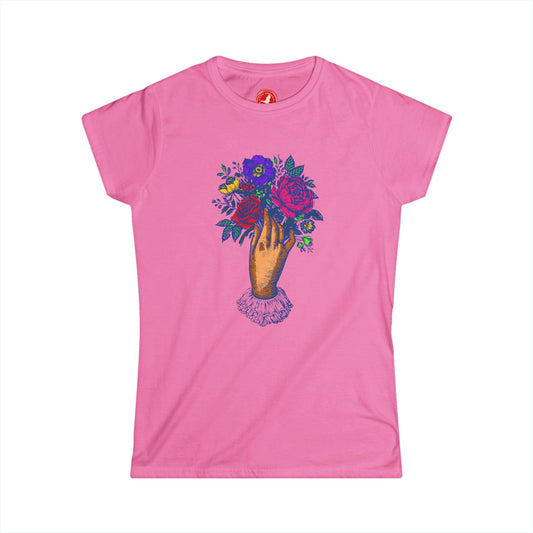 Pink t-shirt with a colorful floral design on a white background