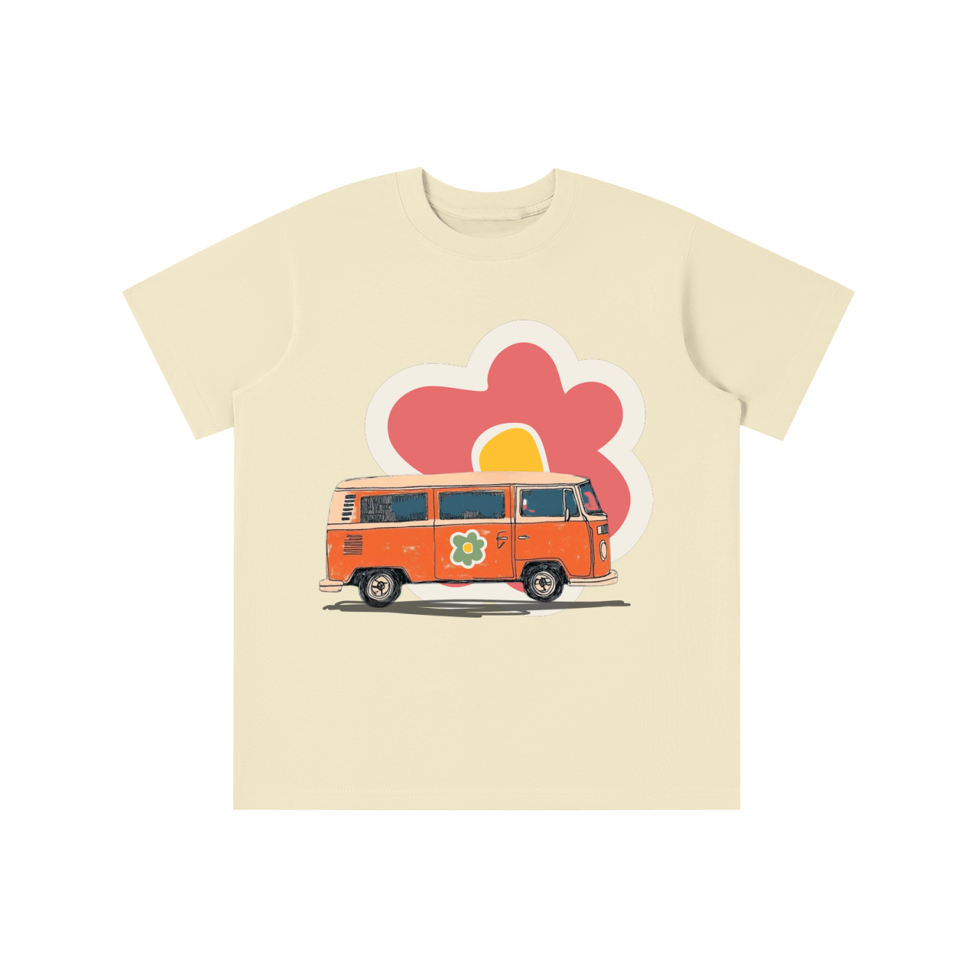 Retro Flower Van graphic t-shirt featuring vintage van and floral artwork inspired by road trips and retro culture.
