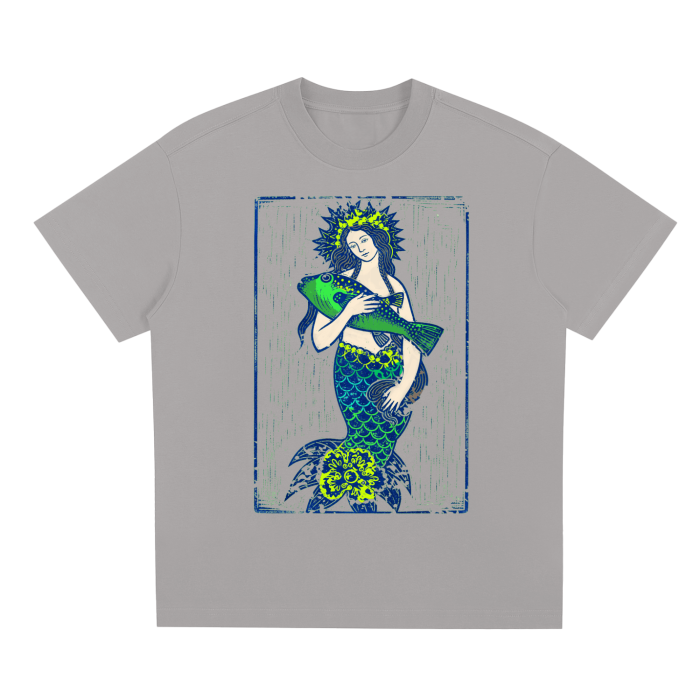 Gray Emerald Tide graphic t-shirt featuring ocean-inspired artwork influenced by coastal landscapes and natural beauty.