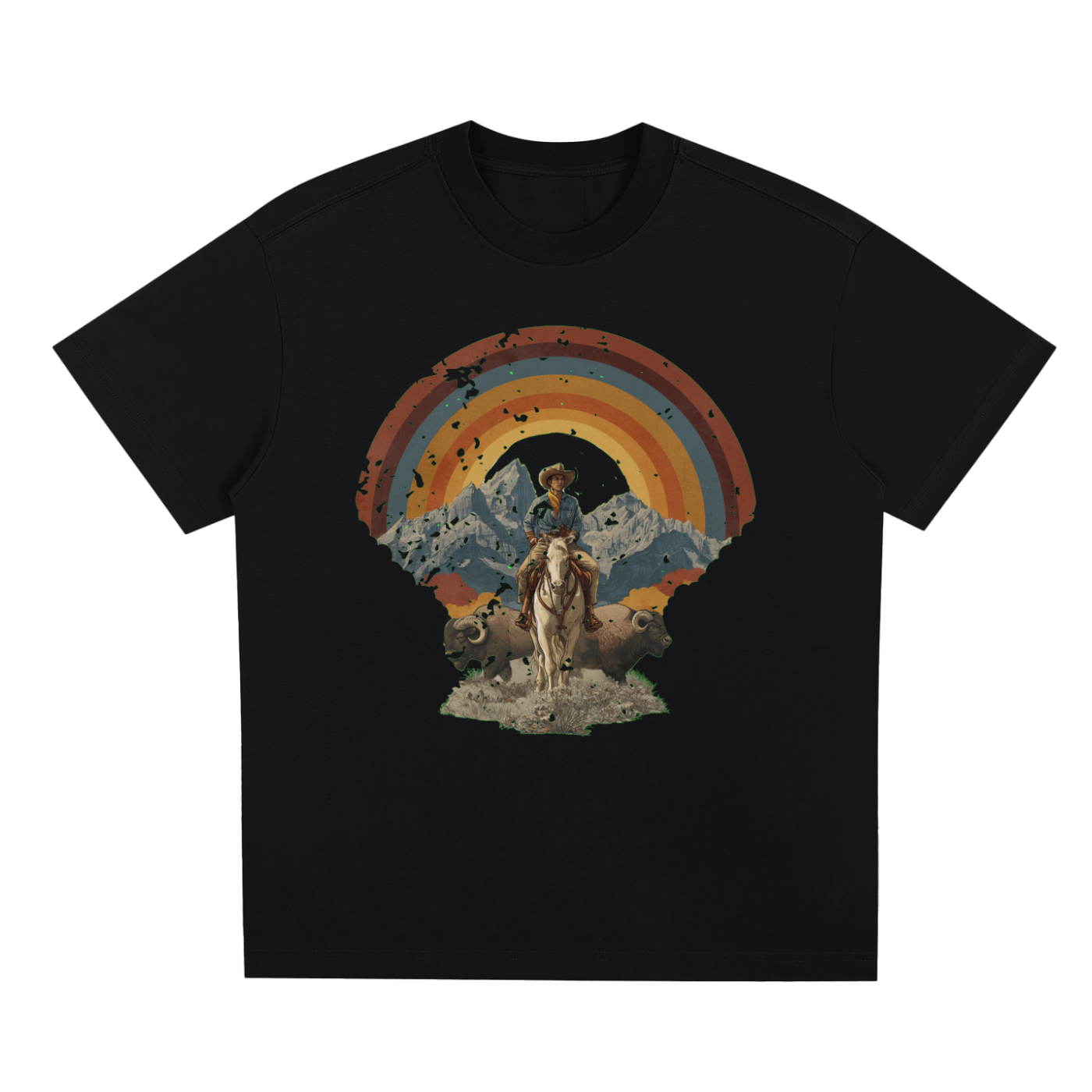 Black Wild West Sunset Rider graphic t-shirt featuring western sunset artwork inspired by horseback adventure and frontier landscapes.