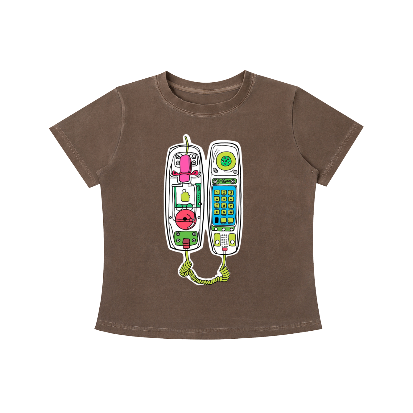 Brown Retro Call graphic t-shirt featuring vintage telephone artwork inspired by nostalgia and retro design.