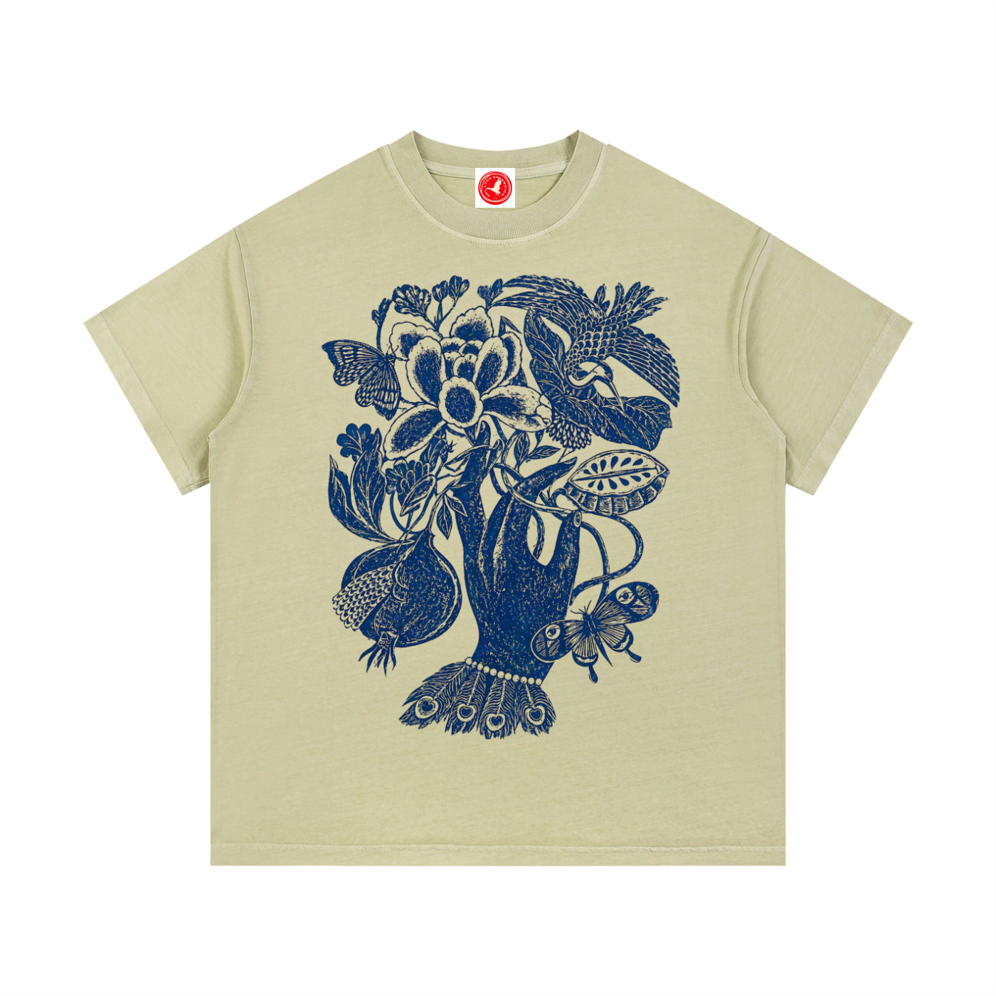 Beige Botanical Hand graphic t-shirt featuring botanical hand artwork inspired by vintage floral illustration